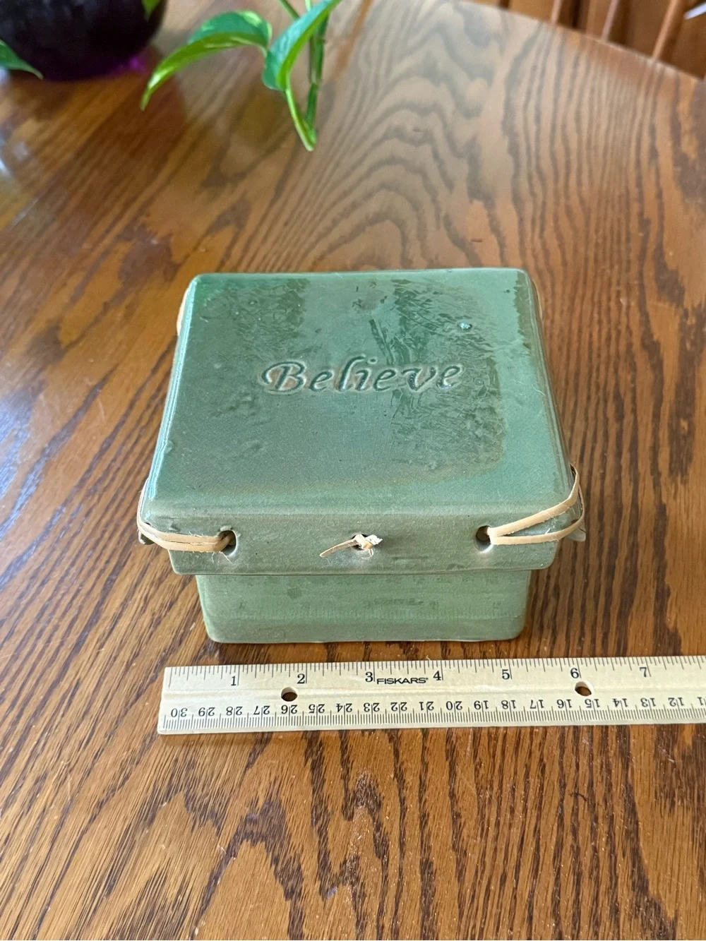Believe Ceramic Trinket Box Green With Straw Accents